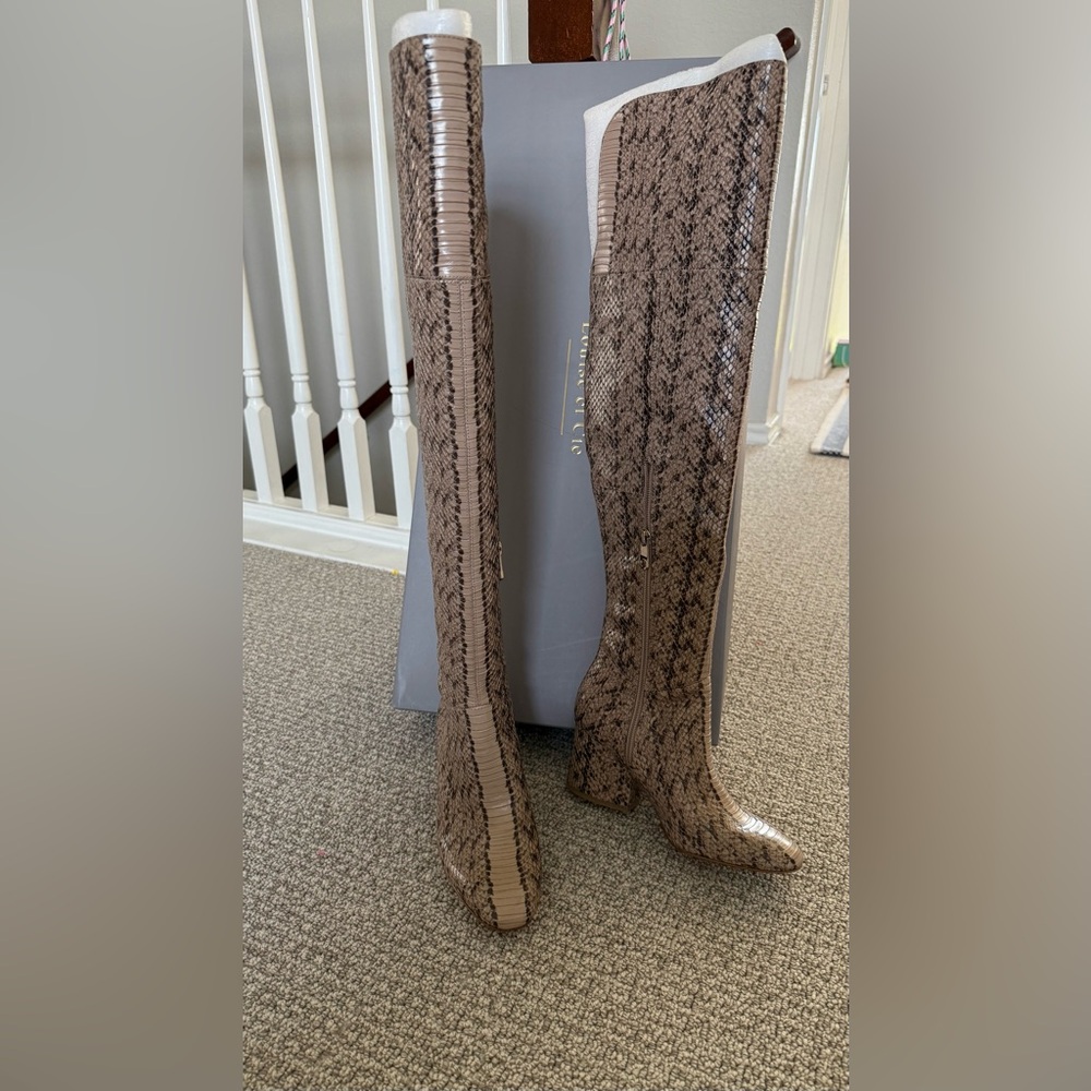 Louise Et Cie Vayna Snake Print Tan Beige Over knee High Boots Chunky Shoes 6.5